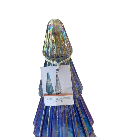 Illuminated Glass Christmas Tree 13.25in Blue & Gold Chic LED Holiday Decor New - Picture 4 of 15